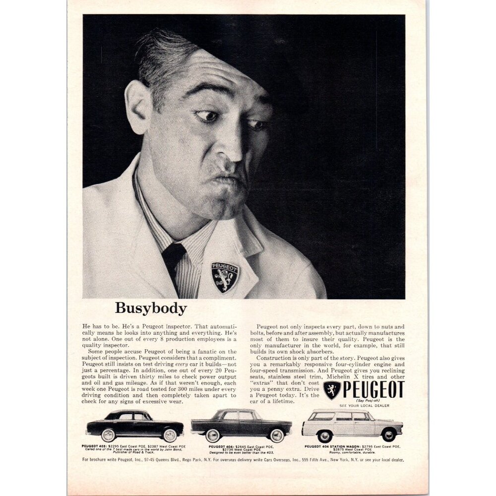 1964 Peugeot 403 404 Sedan and Station Wagon Vintage Print Ad Inspector Wall Art